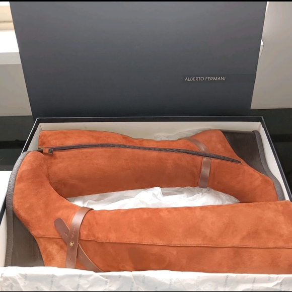 Alberto Fermani Rust Suede Ext & Soft Leather Interior Wedge Knee Boots Sz 7 - Picture 5 of 15